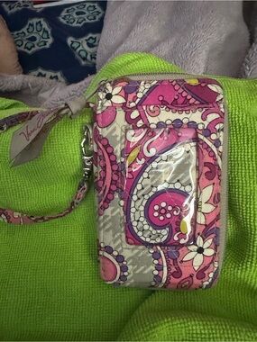 Vera Bradley Pink Paisley Quilted ID Wristlet with Floral Accents